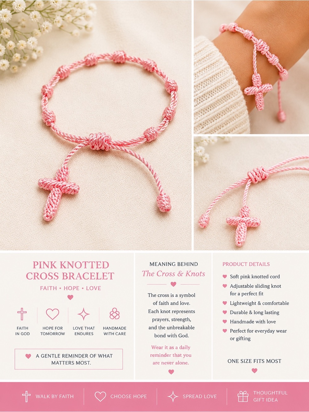 Pink Knotted Cross Bracelet